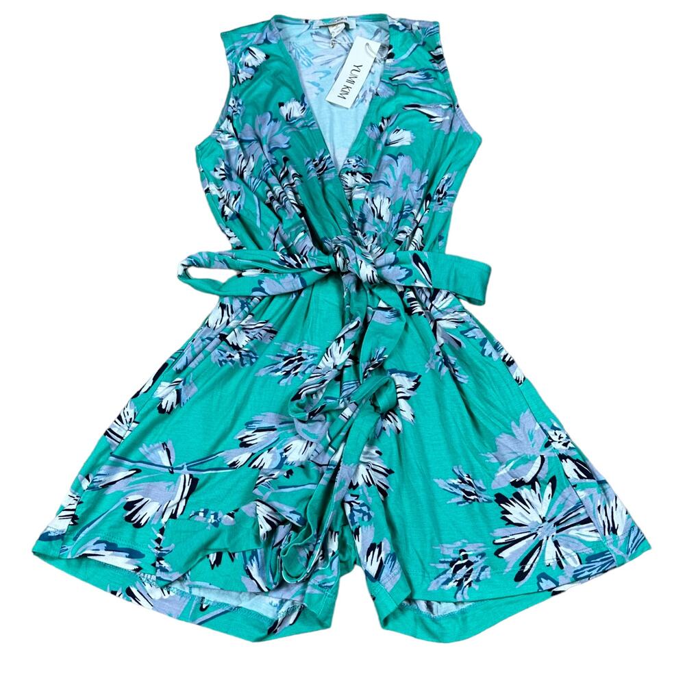 YUMI KIM Short Draped Floral Romper Jersey Knit Women's XS NWT Teal White Blue